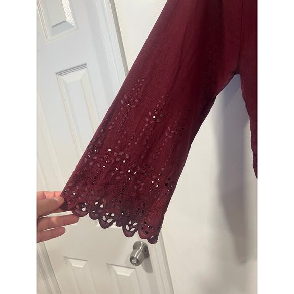 Women’s Plus Size Linen & Cotton Eyelet Blouse Burgundy Summer Vacation 2X - Picture 3 of 6